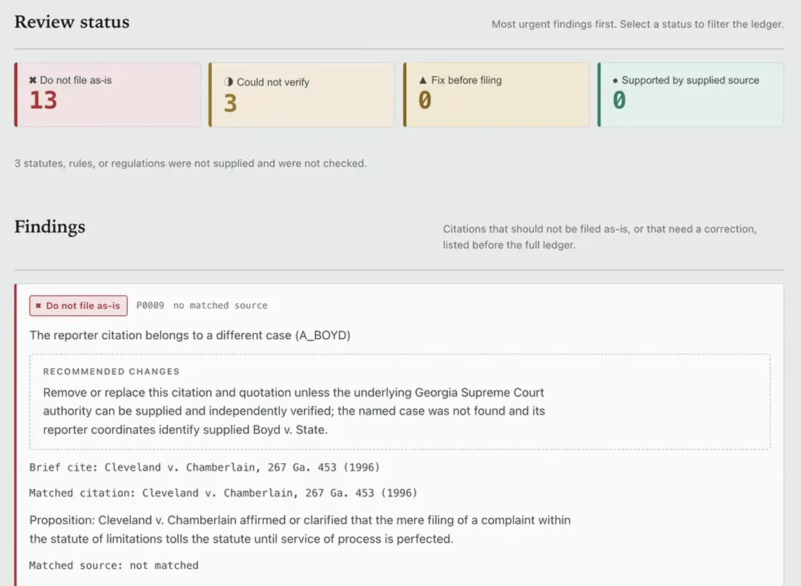 Cite-check report: review-status tallies (13 do not file as-is, 3 could not verify) above a finding that a brief's citation matches a different case.