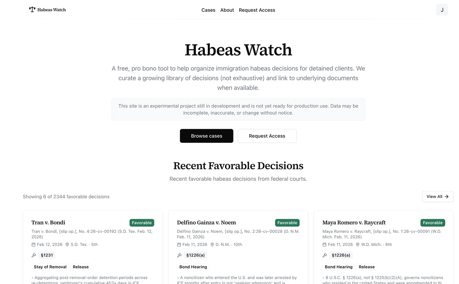 Habeas Watch home page listing recent favorable immigration habeas decisions from federal courts.